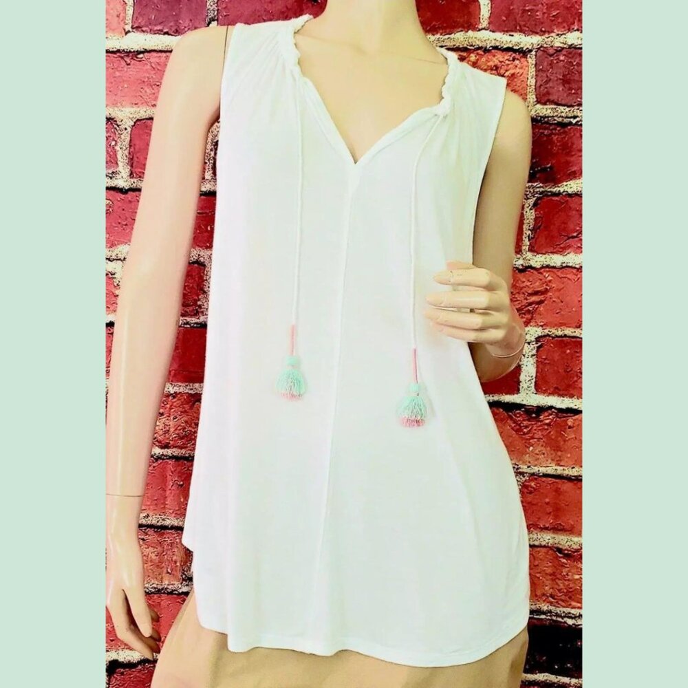 NWOT Loft Tassel Shell Silky Soft White Sleeveless Tie Neck Boho Top Small S